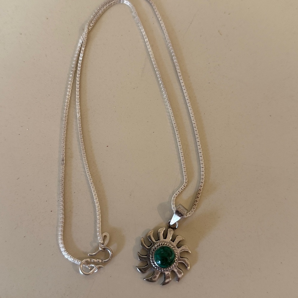 Silver Sun Pendant Necklace with Green Stone